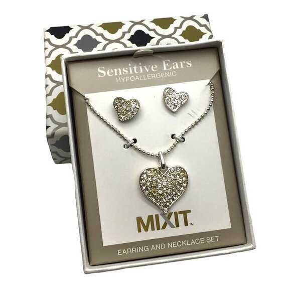Mix It Necklace Earrings Set Silver Tone Rhinestone Inlay Heart - Picture 1 of 3